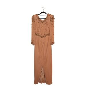 Victoria Royal Beaded Embellished Gown Peach Long Sleeve Evening Formal Size 12